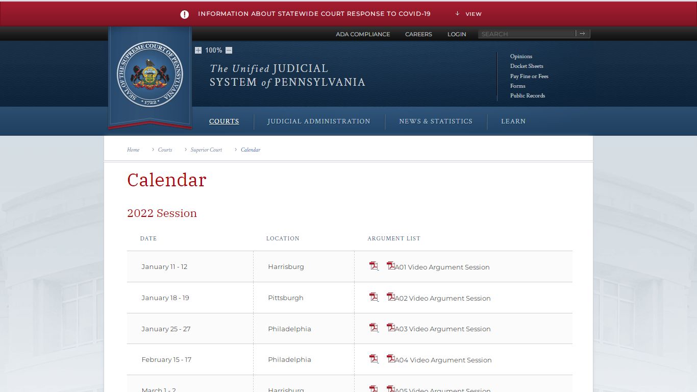 Calendar | Superior Court | Courts | Unified Judicial System of ...